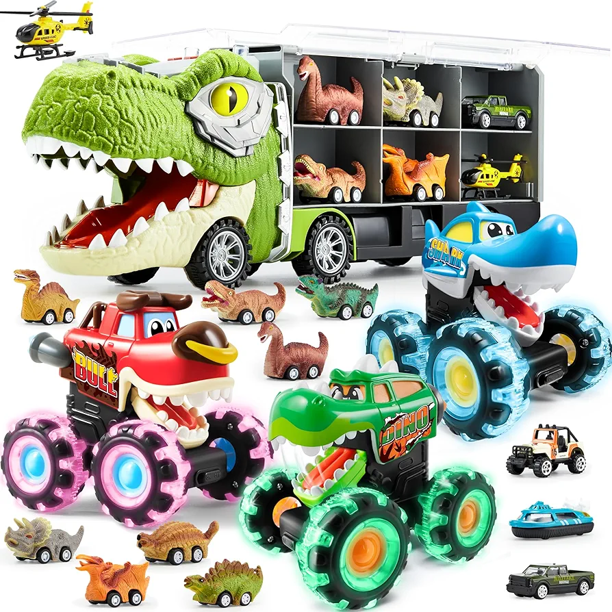 JOYIN Dinosaur Truck with 12 Pull Back CarsJOYIN 13 in 1 Dinosaur Toys for Kids 3-5 3 Pack Monster Truck Toy, Motion Activated Light-Up Cars for Toddlers