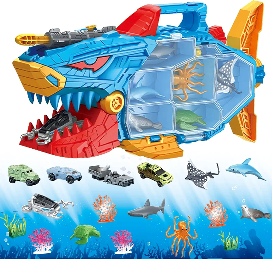 Shark Toy, Ocean Animals Toys Deep Sea Creatures Toy with Truck Toys Cars, Gifts for 3 Plus Year Old Girls and Boys, 18pcs Toys Set for Kids