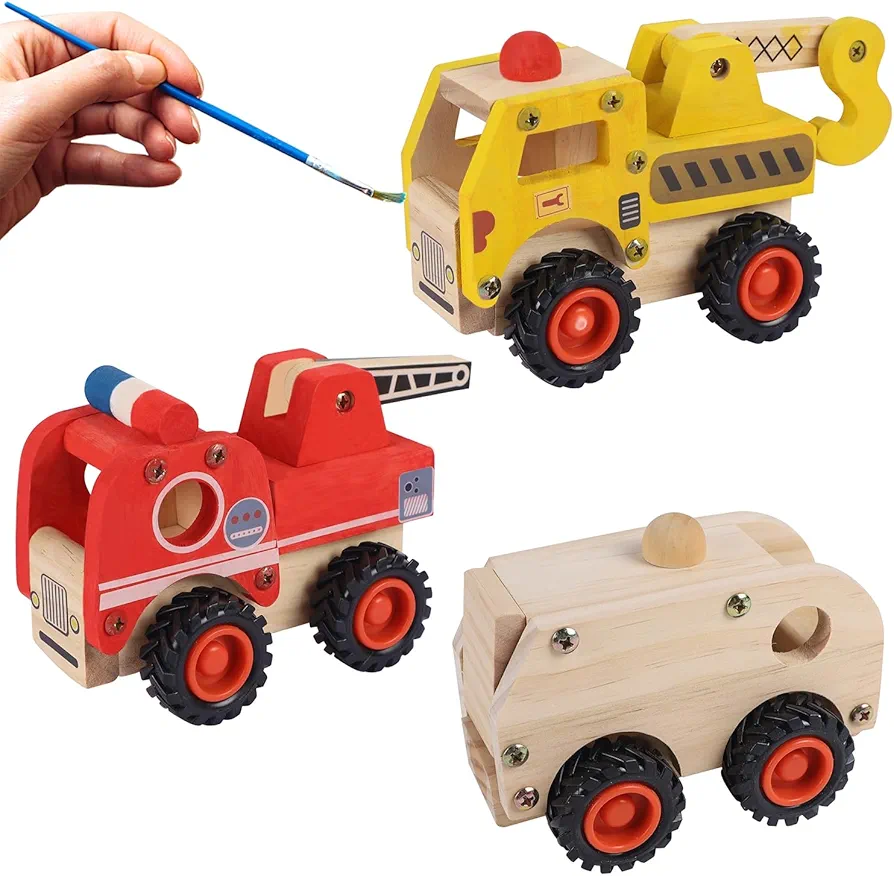 Glintoper Woodworking Building Craft Kit, Set of 3 DIY Carpentry Construction Vehicles Wooden Toy for Boys Girls, Easy Assemble Crane, Fire Truck and Garbage Truck, 3D Art Craft Wood Toys for Kids