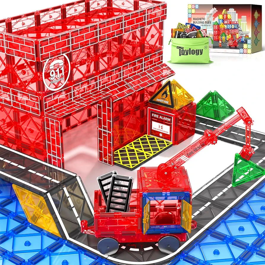 Magnetic Tiles Road Set with Magnetic Crane Car Toys, Magnet Building City Fire Kids Toys for 3 4 5 6 7 Years Old Boys Girls, Magworld Kids Games Construction Stem Preschool Toys for Boys Girls Gifts