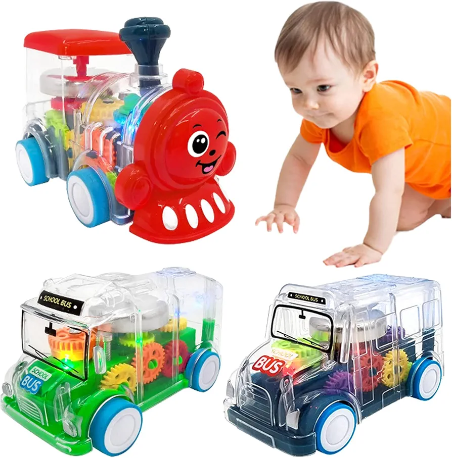 Transparent Car Toys 3 Sets,Inertial Vehicle with LED Effects and Ringtone,Color Moving Gear,3-6 Years Old Children's Birthday Educational Toys (City Vehicles)