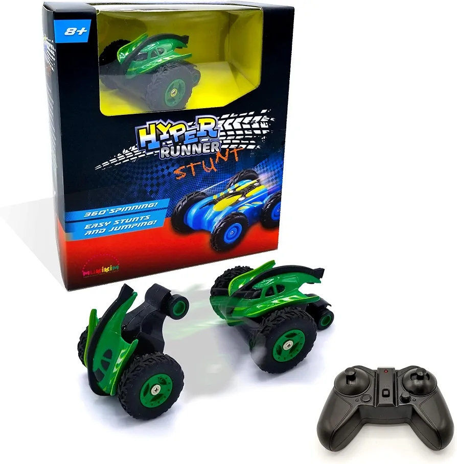 MUKIKIM Hyper Runner Stunt - Green – Remote Control Race Car Rocks Super High-Speed Stunts & Moves! Jump Up & Vertical 360° Spin with Fun Light! Quick USB Charge. Not Your Normal RC Car!