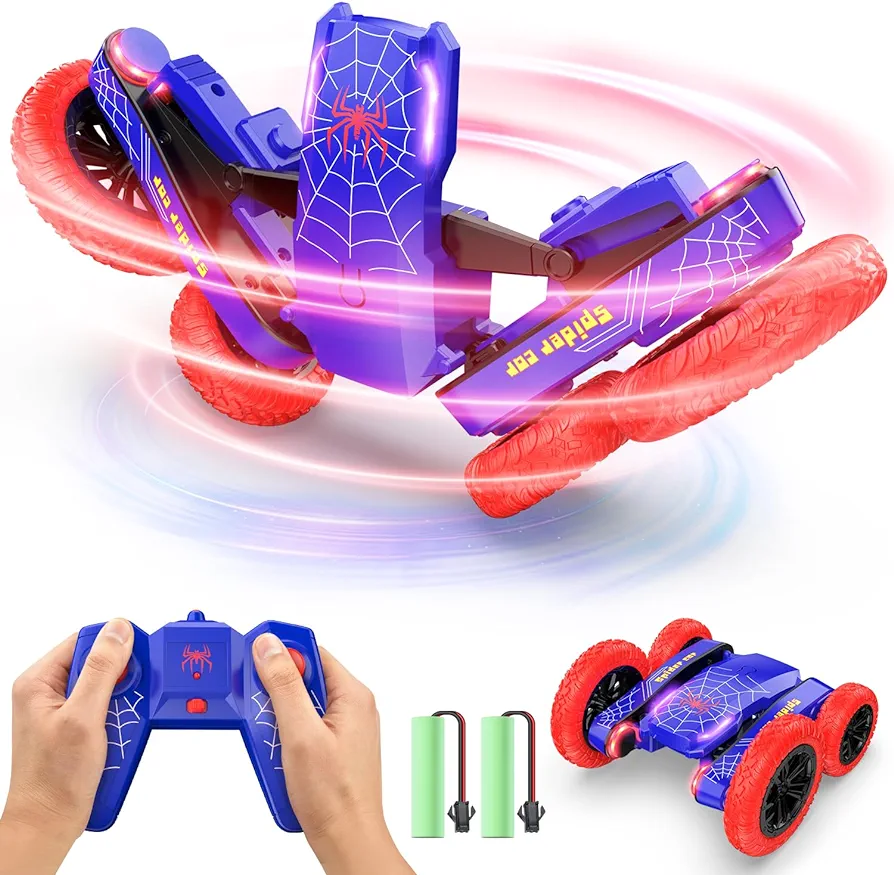 DEERC Spider Remote Control Car - Double Sided Mini RC Stunt Car, 360°Rotating 4WD Off-Road RC Cars with Headlights 2.4Ghz Indoor/Outdoor Rechargeable Toy Car for Boys age 4-7 8-12 Birthday Xmas Gift