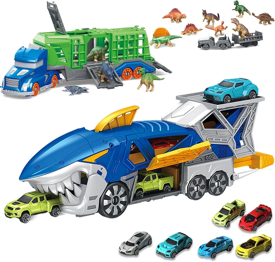 Dinosaur Carrier Transport Truck Set with 12 Dinosaur Figures, Shark Toy Car Track Set, Launcher Race Car Toys