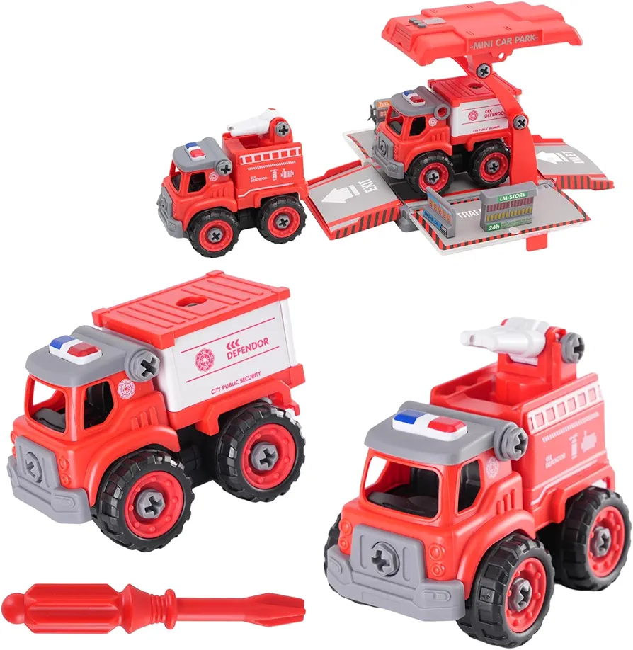 Take Apart Toys for Kids Boys & Girls 3 4 5 6 7 8+ Years Old, 2 Assembly Fire Trucks with 1 Mini Car Park, STEM Construction Container Truck Toy Vehicles Gifts for Toddlers Ages 3-5 4-6