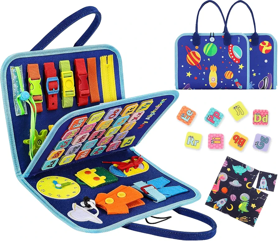 Busy Board for Toddlers Sensory Toys - Montessori Toys for 1 Year Old - Airplane Travel Essentials for 1-4 Year Old Boys Educational Games - Preschool Learning Toys Quiet Book for Basic Dress Skills