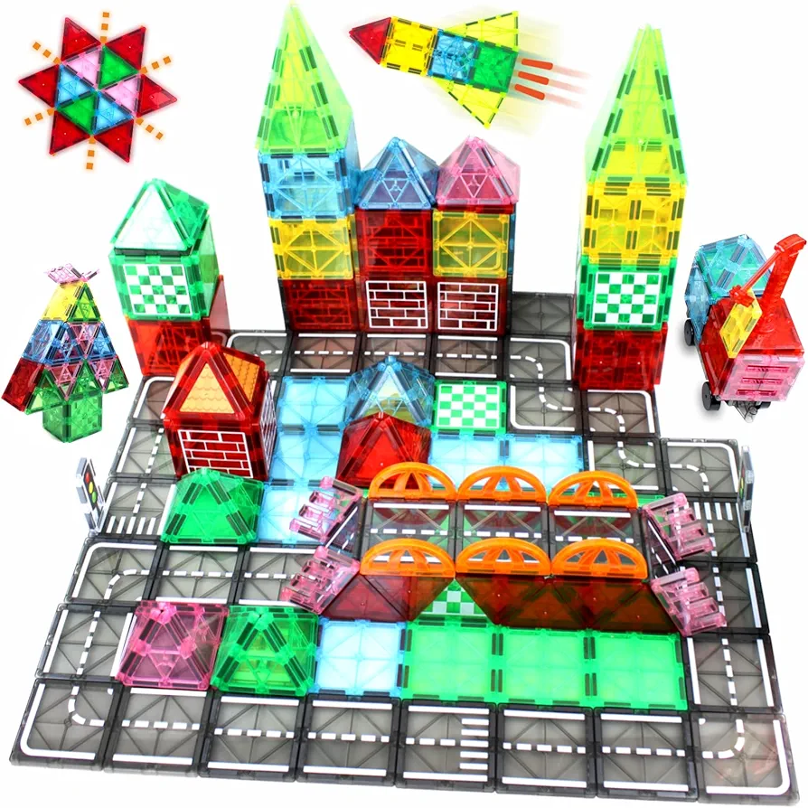 60 PCS Magnetic Tiles Road Toppers Set with Car Toys - Fun and Educational Toy for Boys and Girls Ages 3+ Ideal Christmas and Birthday Gifts