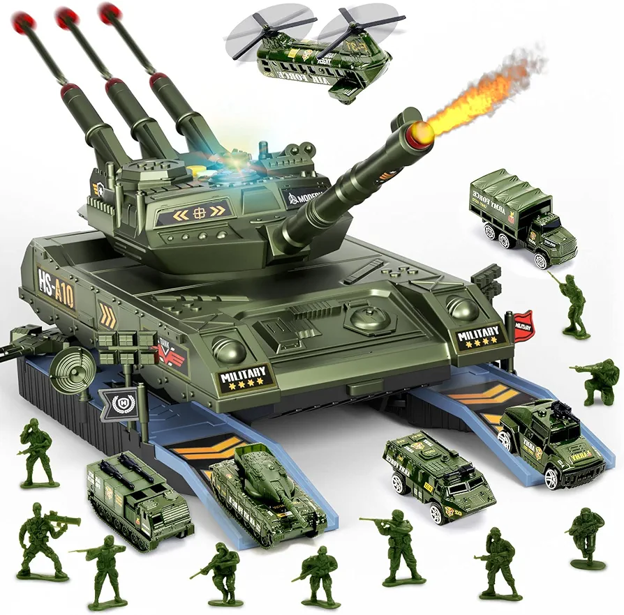 Army Tank Toys for Boys 3 4 5 6 7 8 Years Old, Military Vehicles Play Set with 6 Mini Die-Cast Cars Helicopter & 10 Army Men Toy Soldiers, Gifts for Kids Age 3+