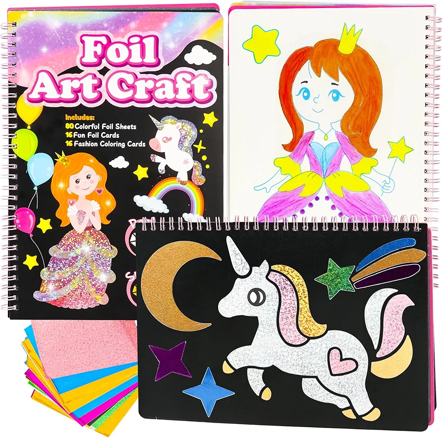 Fun Foil Art Craft Activity for Kids, Foil Princess Fun DIY Kit, No Mess Art Craft Coloring Book for Kids, Travel Toys for Road Trip Car Airplane, Gifts for Girls & Boys Ages 4, 5, 6, 7, 8, 9