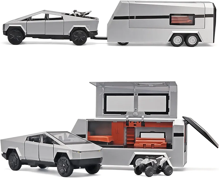 Toy Trucks for Boys Mars Pickup Trailer Toy RV,Diecast Metal Pickup Trailer RV Model Kit,Toy Truck and Trailer with Sound and Light Pull Back,Truck and Trailer Toys for Boys Ages 4-7（Silver）