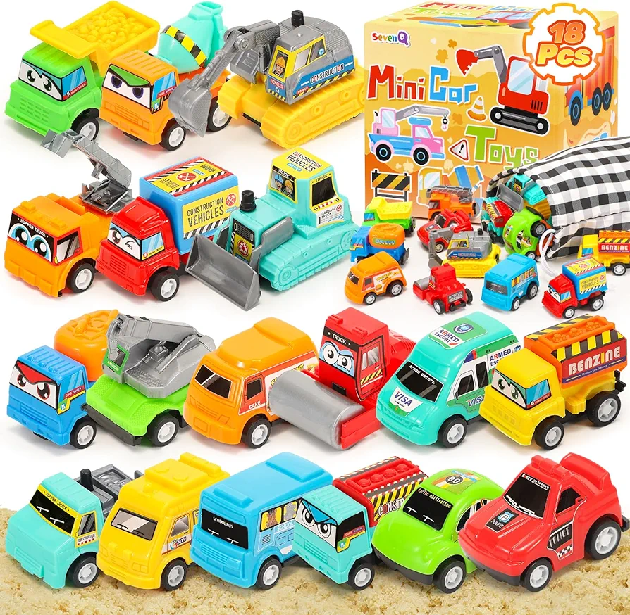 Toy Cars for Kids, 18Pcs Construction Toys Mini Excavator Tow Truck Toy Pull Back Cars Race Car Vehicle Playset with Storage Bag Birthday Gifts for Toddlers Easter Basket Stuffers