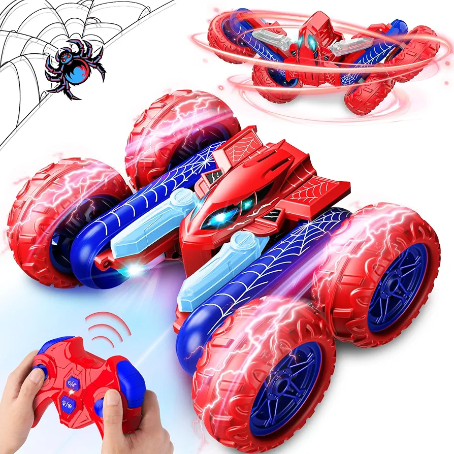 Spider Remote Control Car Toys: Double Sided RC Cars Outdoor Toy for 3 4 5 6 7 8 9 10 Year Old Boys Ages 5-7 Girl Rechargeable RC Upright Stunt Car with Lights 360° Flip 4WD Birthday Gifts Age 6-8-13