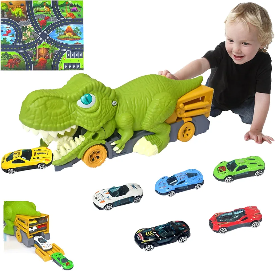 Transport Truck Playset with 6 Metal Cars and Activity Play Mat - 8 in 1 Toddler Toys for 3+ Year Old Boys and Girls