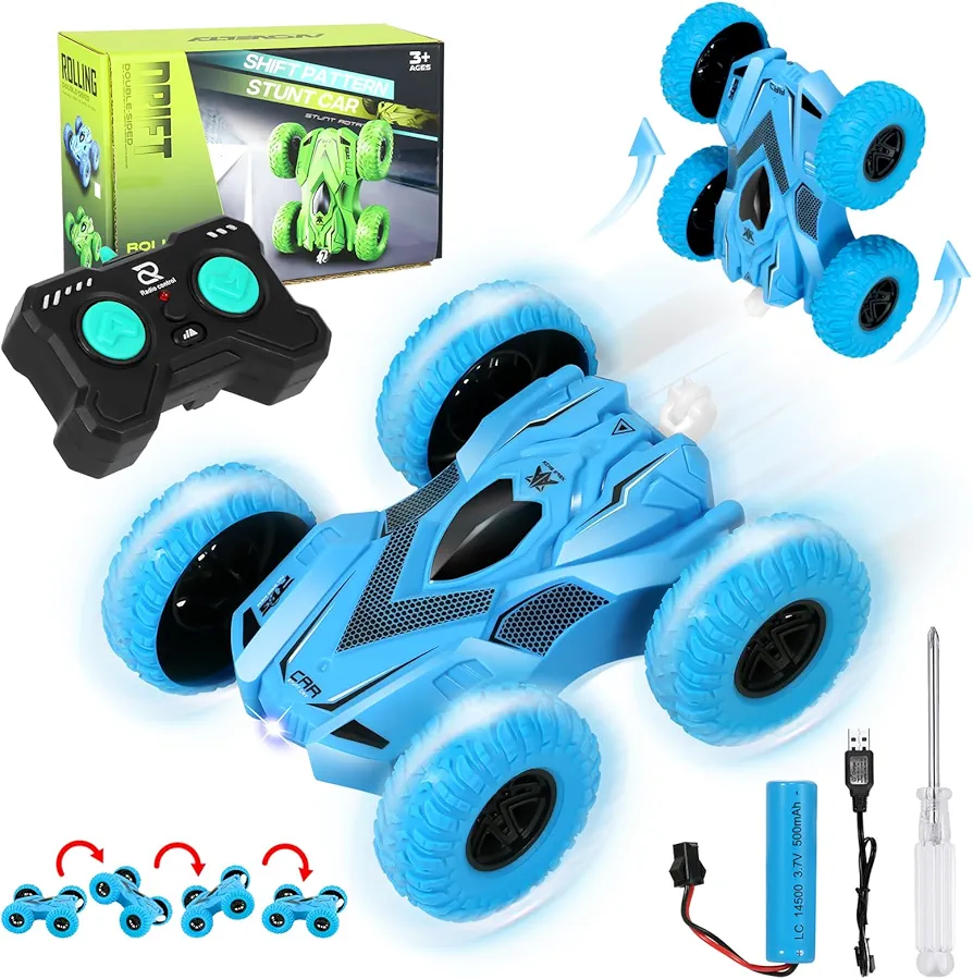 RC Stunt Cars RC Cars with Lights UP 4WD 2.4Ghz Double Sided 360° Rotating RC Truck Cool Surprise for 6 Year Old Boy Gifts Kids Xmas Toy Cars for Boys Girls(Blue)