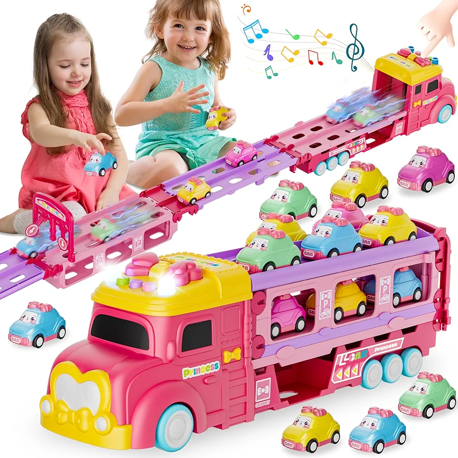 Car Toys for Age 2 3 4 5 6 7 Year Girl Toddler, Foldable Track & 2 Player Race Mode Game, Light & Sound Push Transport Carrier Truck W/ 6 Princess Car, Birthday Gift Idea for Kid