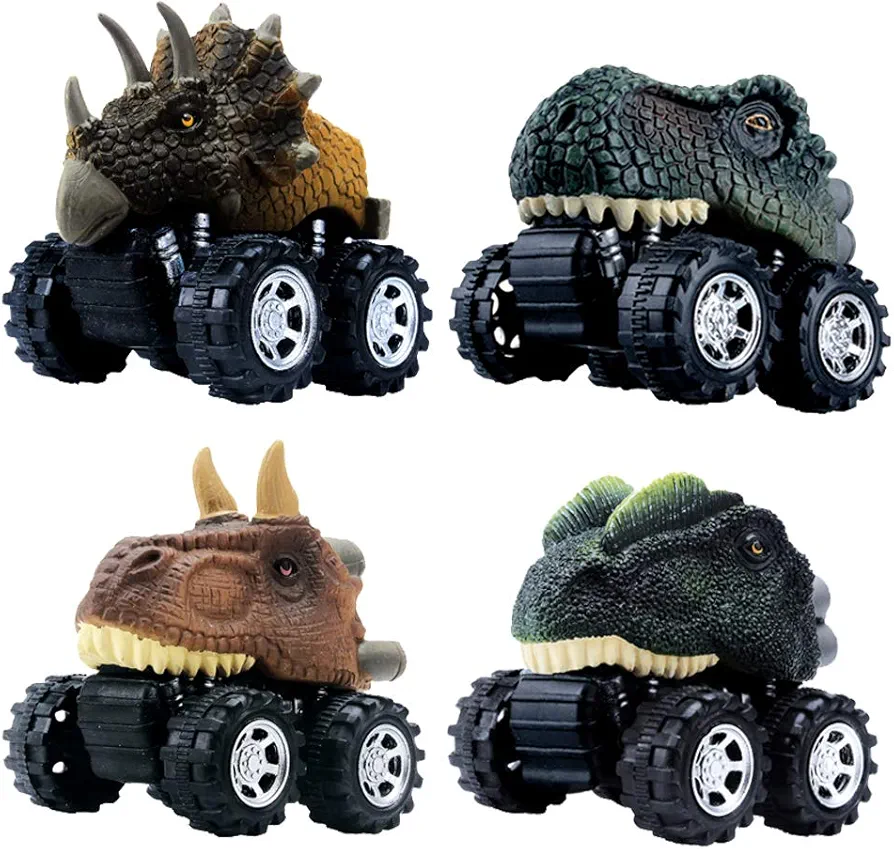 DINOBROS Pull Back Dinosaur Car Toys 4 Pack Dino Toys for 3 Year Old Boys and Toddlers T-Rex Dinosaur Games Monster Trucks