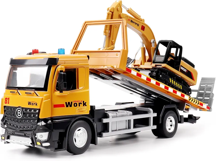 Dwi Dowellin Tow Truck Toy Metal Cab with Excavator for Kids 3-5,Kids Toy Cars Gift for Boy Age 2 3 4 5 Years Old