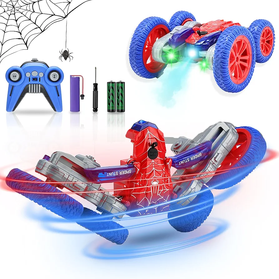 Spider Remote Control Car for Boys,360°Rotating Double Sided 4WD RC Stunt Cars with with HeadLight & Spray,2.4Ghz Rechargeable Drift Toy Car for Kids Ages 3-4 4-6 8-13 Boys Birthday Xmas Gifts (Red)