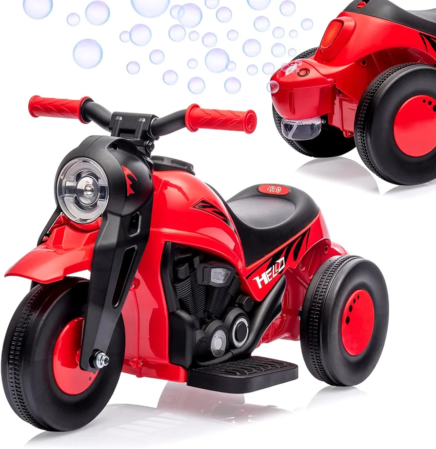 Kids Ride on Bubble Car, Hetoy 6V Battery Powered Ride On Motorcycle Toy w/LED Headlights, Music, Pedal, Forward/Reserve, 3 Wheels Motorbike Electric Bubble Car for Kids 3 and Up Boys Girls, Red