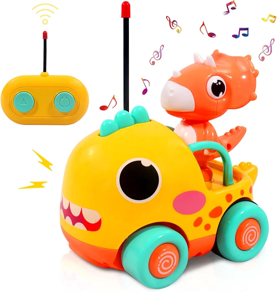 Dinosaur Remote Control Car for Toddler, Cartoon RC Cars with Music & Sound, Kids Toys Age 2 3 4 5, Boys & Girls Christmas Birthday Gift, Dino Car Toys for Boys 3-5 Years Old