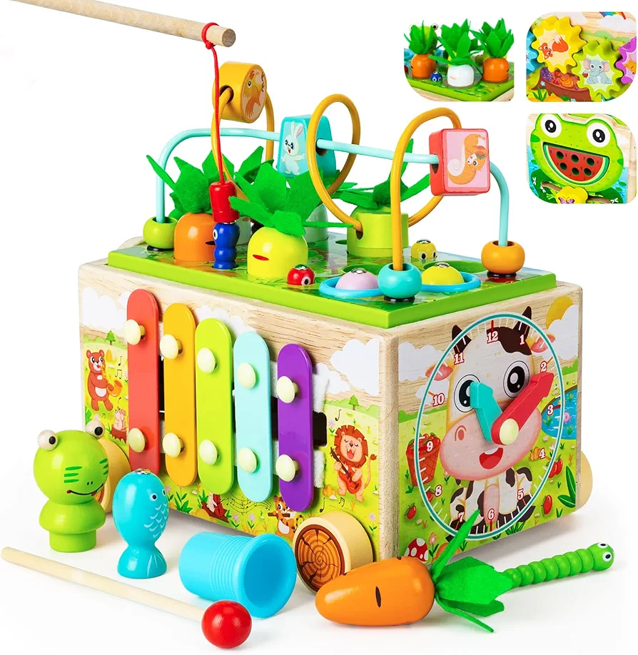 Toddler Montessori Toys for 1 2 3 4 Year Old 8 in 1 Wooden Toddler Toys for Ages 1+ Magnetic Fishing Game and Xylophone for Toddlers 2-3 Babies Carrot Montessori Toy as Boys Girls Birthday Gifts