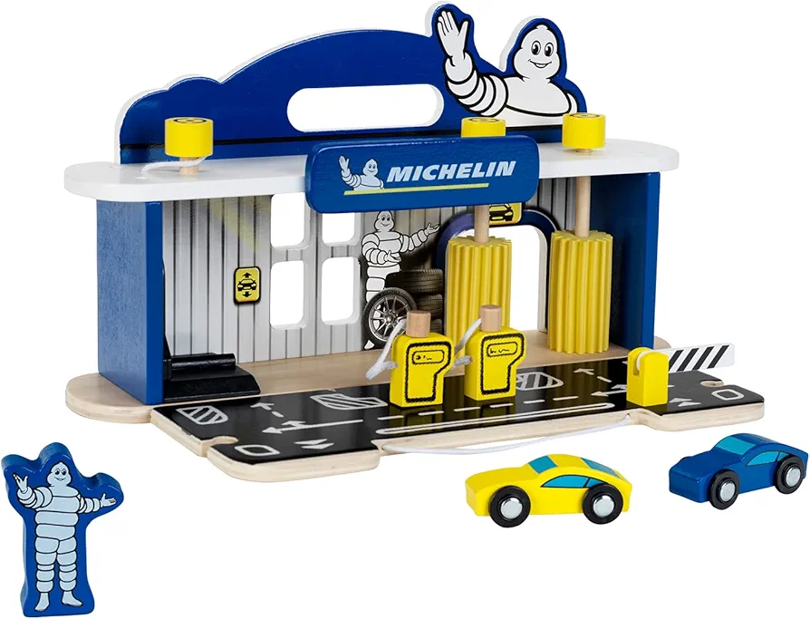 Theo Klein Michelin Car Service Station Kids Wooden Toy Playset with 2 Cars, 2 Fuel Pumps, and Car Wash Station for Ages 3 and Up