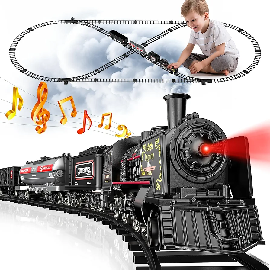 Hot Bee Train Set for Boys, Metal Alloy Electric Trains w/Steam Locomotive, Cargo Cars & Tracks, Train Toys w/Smoke, Sounds & Lights, Christmas Toys Gifts for 3 4 5 6 7 8+ Years Old Kids