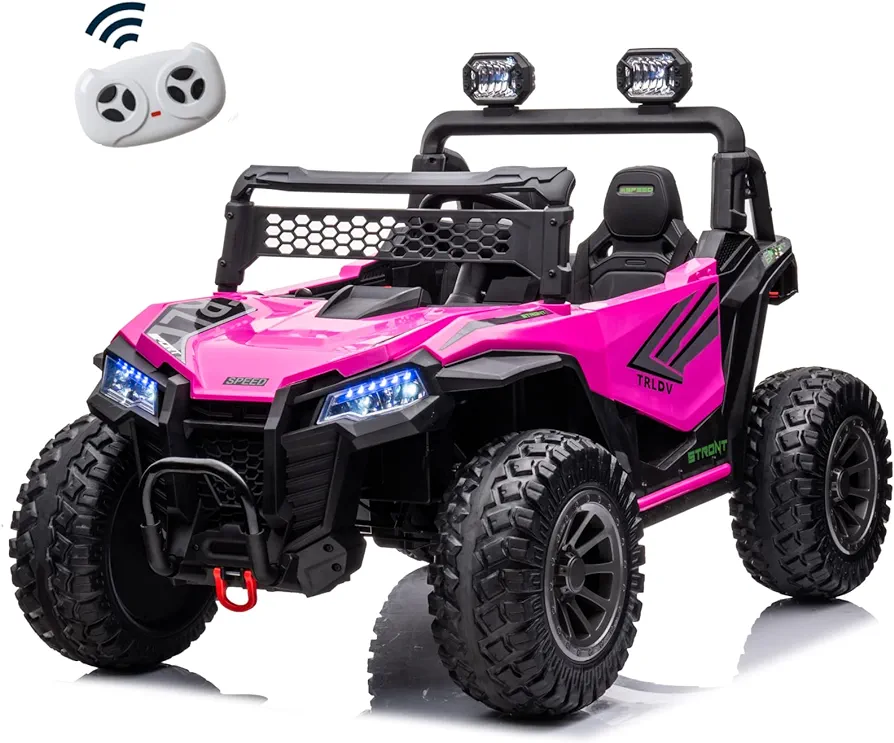 24V Ride On UTV with Remote Control for Girls Boys, 4X4 4WD Off-Road Ride on Car, Rechargeable Kids Electric Vehicle with Music, Ride On Toys for Kids Ages 3+, Pink