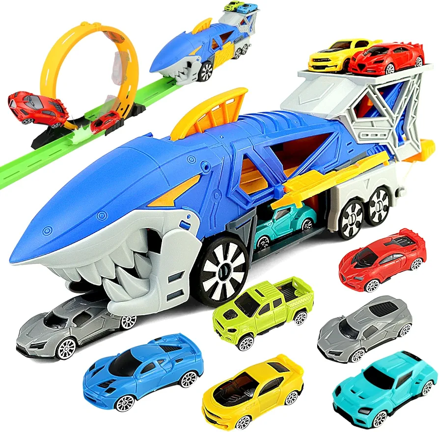 Dear Deer Shark Car Toy, Track Cars Racing Toys for Boys, Dual Car Track Catapult Shark Set with Mini Cars for Toddlers Ages 3 4 5 6 7 8 Years Old