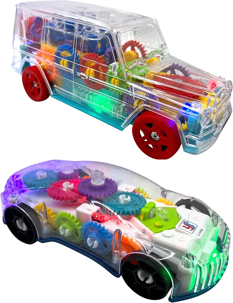 Set of 2 Cars LED Light up Cars Road Off Cars Toy with Colorful Light Moving Wheel Music Fun Educational Bump and Go Toy Car for Kids