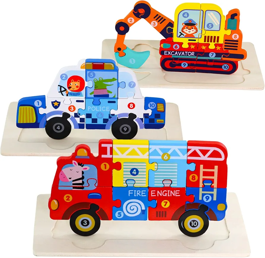 Wooden Puzzles for Toddlers 2-4 Years Old，Puzzles Toddler Toys，Puzzles for Kids Ages 3-5， Kids Wooden Vehicle Puzzles 3-Pack (Excavator + Police Car + Fire Truck)