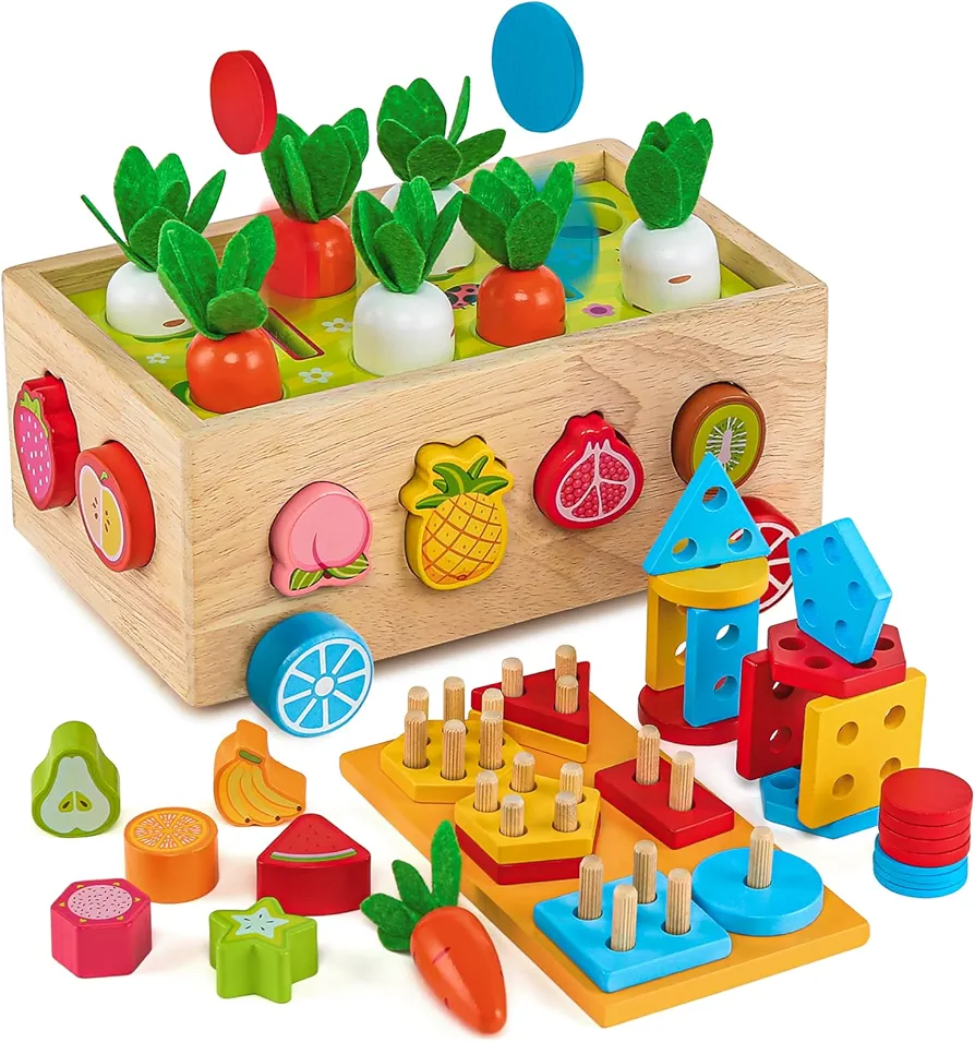 Toddlers Montessori Wooden Educational Toys for Baby Boys Girls Age 2 3 4 Year Old, Building & Carrot Toys, Fine Motor Skills Wooden Shape Sorter Easter Birthday Gifts for Kids 2-3