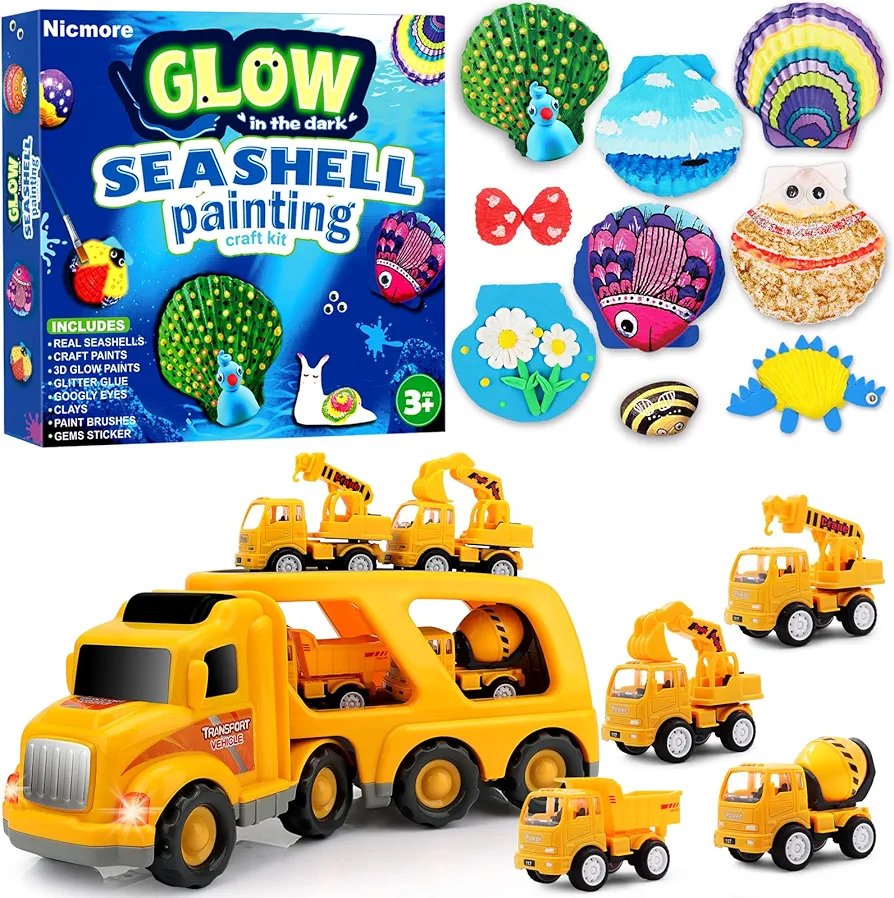 Kids Toys Car for Boys: Boy Toy Trucks for 2 3 4 5 6 Year Old Boys Girls | Toddler Toys 5 in 1 Carrier Vehicle Construction Toys Bundle with Sea Shell Art & Crafts for Age 4-8