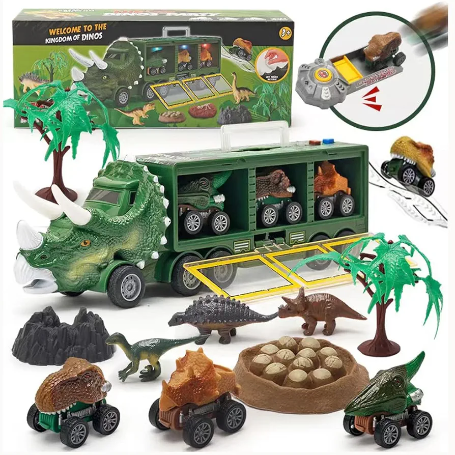 Dinosaur Cars,Dinosaur Truck Toys,with Cars Launcher Track,Lights Music,Roaring Sound,for Boys Girls Age 3 4 5 6 7 8 Year Old, A Great Gift for Birthday Parties, Holidays or Christmas