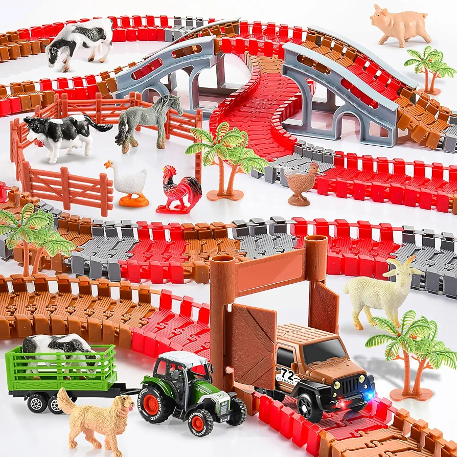 Farm Toys for 3 4 5 6 Year Old Boys Girls, 221 PCS Farm Playset with Flexible Tracks Toy Tractor Race Car Track Farm Animals for Toddlers STEM Toys Birthday Gifts for Kids Age 3-5 5-7