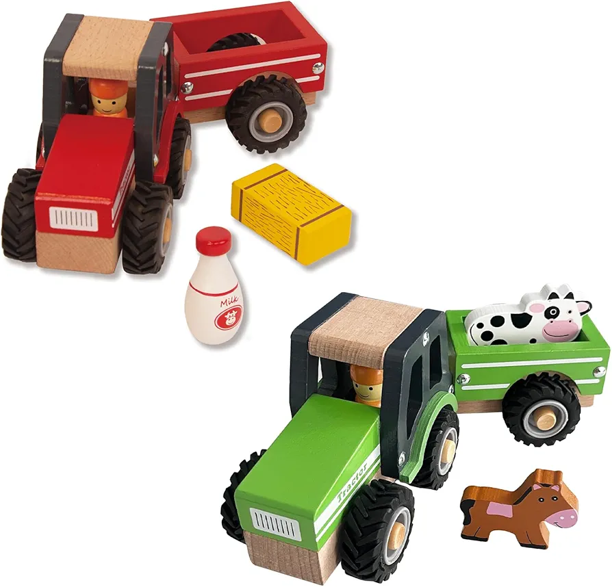 2 Pcs Wooden Tractor Toys for Toddlers 1-3, Baby Vehicle Toys Hand Push Car Toys for 1 2 3 Year Old Boys Girls