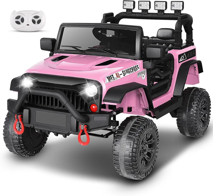 Hikole Electric Ride on Jeeps for Kids Toddlers, 12V Ride On Car Truck with Remote Control, Battery Power Car Wheels for Kids w/Bluetooth, Music, 3 Speeds, 12 Volt Ride on Toys for Girls, Pink