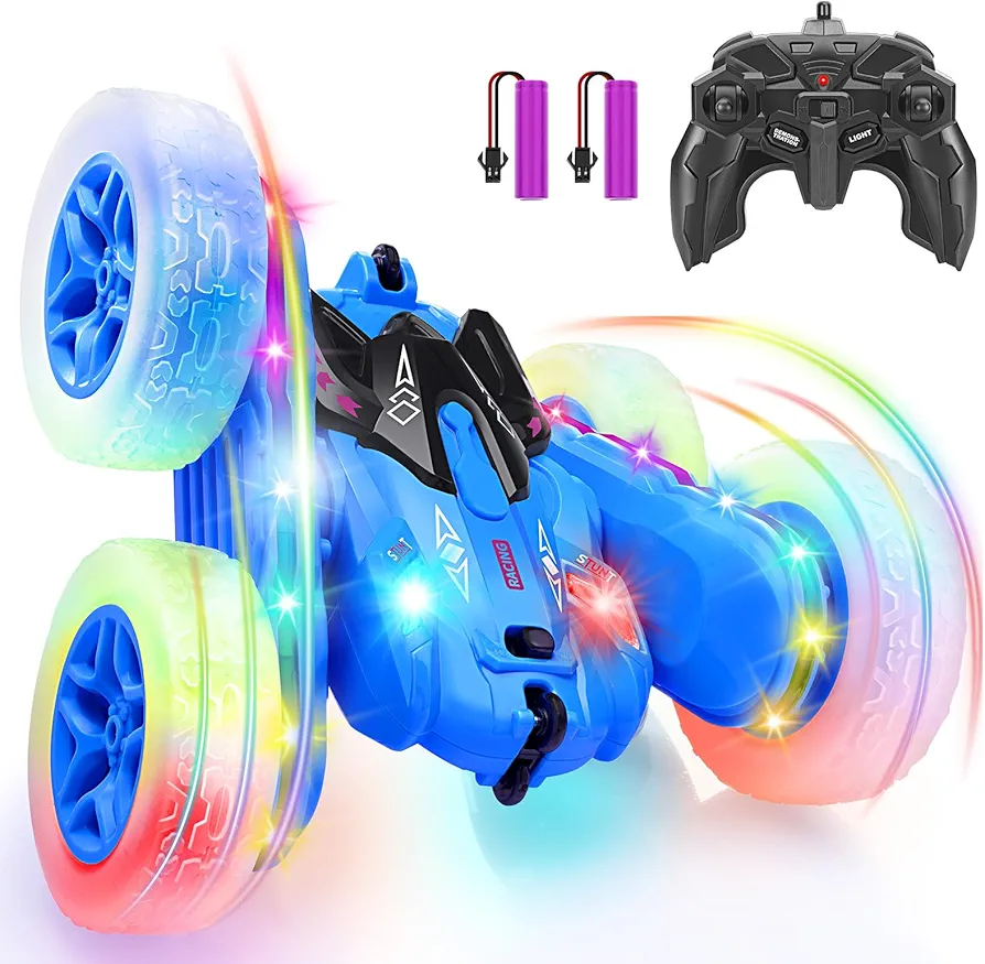 SGILE Remote Control Car, Stunt Car with Sides Light Strip and Headlights, 2.4Ghz Double Sided 360 Flips Rotating Race Car, Rechargeable RC Car Kids Toy for Boys Girls Birthday Gift, Blue