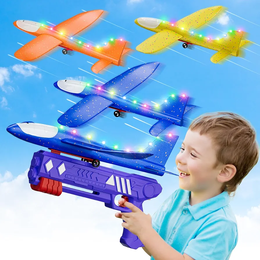 3-Pack LED Airplane Toy, Foam Glider with Plane Launcher - Catapult Plane with 2 Flight Modes, Kids Gifts Flying Toy for 3 4 5 6 7 8 9 10 11 12 Year Old Boys Girls