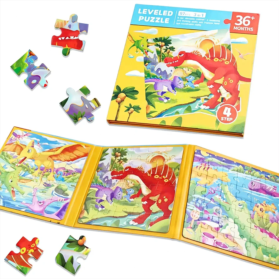 Magnetic Puzzles for Kids Ages 3-5, 3 in 1 Dinosaur Jigsaw Puzzle Book Kids Travel Puzzles Toys Preschool Learning Toy for Kids 3-8 Year