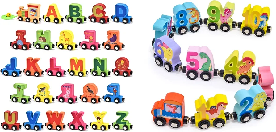 Atoylink Wooden Train Cars Set Toddlers Magnetic Train Toy Kids Boys Girls Montessori Educational Toys for Age 3 4 5 6 7 8