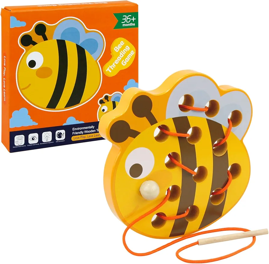 Wooden Lacing Toys for Toddlers - Fun and Educational Threading Set | Develop Fine Motor Skills | Durable Montessori Toy for Travel (Bee)