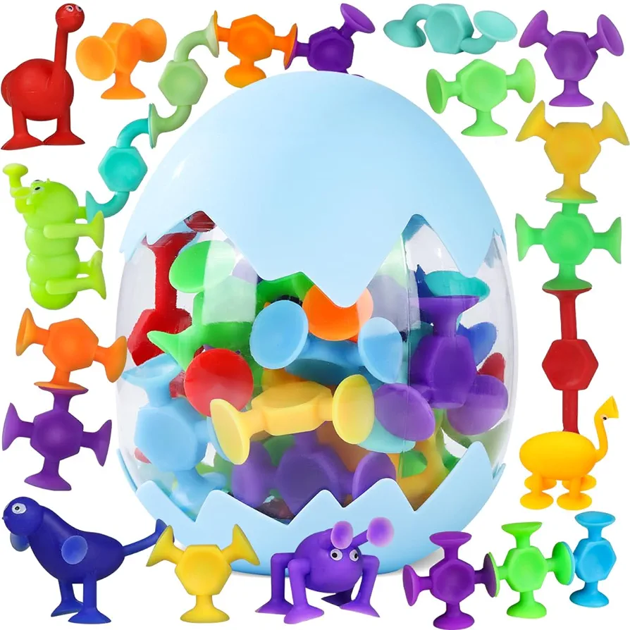 Suction Cup Toys 27 PCS Silicone Suction Bath Toys Travel Toys Window Toy for Kids Ages 3-8 Boys Girls Sensory Toys with Dinosaur Eggshell Storage