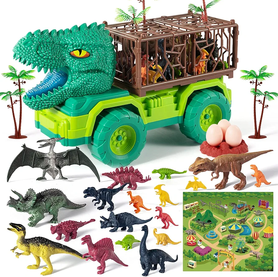 TEMI 25 in 1 Tyrannosaurus Rex Dinosaur Carrier Truck Set, Toddler Dinosaur Transport Car Toys for Kids 3-5 with Play Mat, 18 Dino Figures, Eggs, Capture Dinosaurs Playset for 3 4 5 6 7+ Year Old