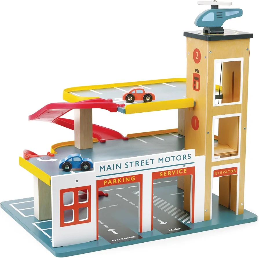 Toys - Multi-Level Garge with Lift - Wooden Parking Lot with 3 Levels 2 Ramps Comes with 2 Cars and a Helicopter - Imagination and Storytelling - Age 3+