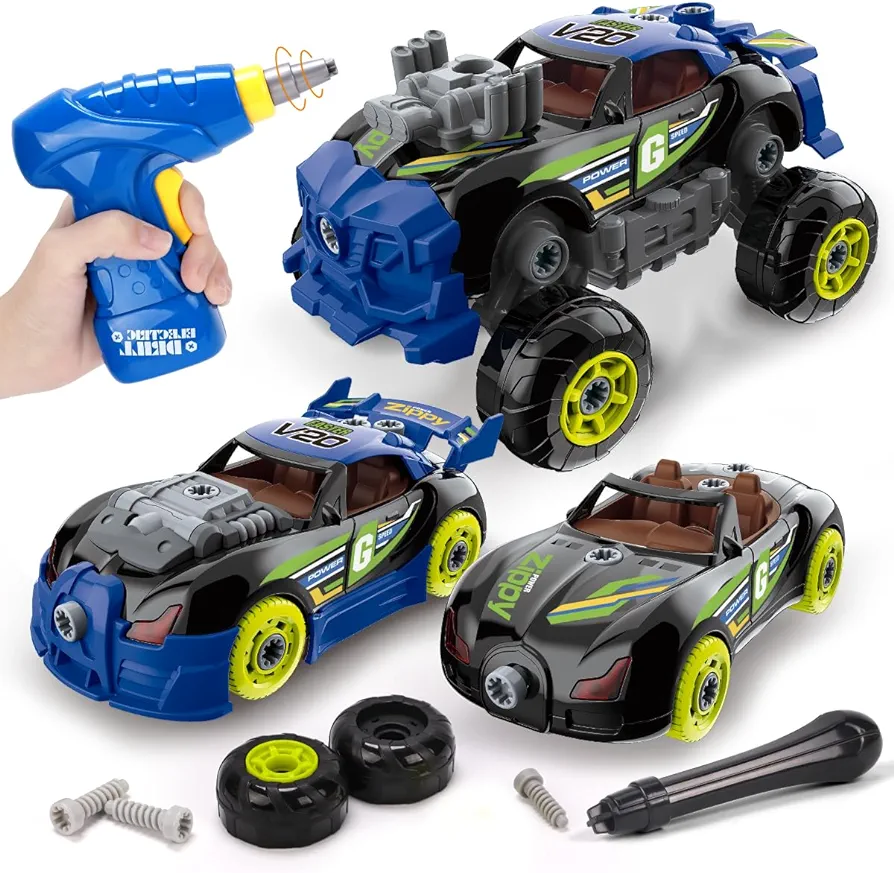 REMOKING Take Apart Toys, STEM 3 in 1 Take Apart Car Toys with Tools and Power Drill, DIY Assembly Car with Realistic Sounds and Lights,Great Gifts for Kids Toddlers Boys Girls 3 4 5 6 Years Old