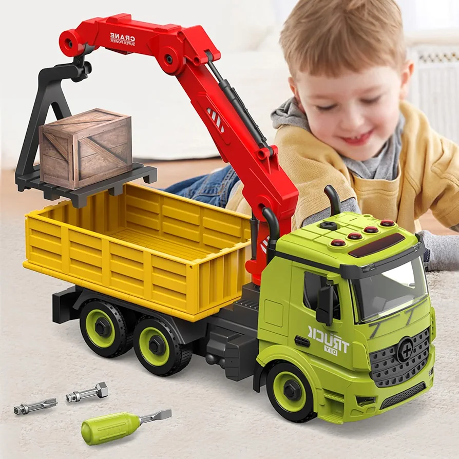 Dwi Dowellin Crane Truck Toys, Construction Car Toys Carrier Vehicle Toys for Kids, Assemble Transportation Toy Cars, with Lights&Sounds, Gift for Boy Age 4-12 Years Old