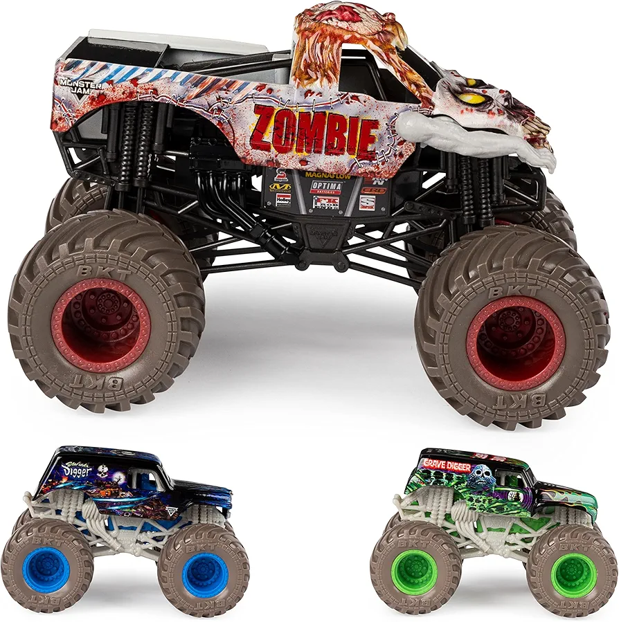 Monster Jam, Full Moon Frenzy 3-Pack Die-Cast Monster Trucks, 1:24 Scale Zombie, 1:64 Scale Grave Digger & Son-Uva Digger, Kids Toys for Ages 4-6+