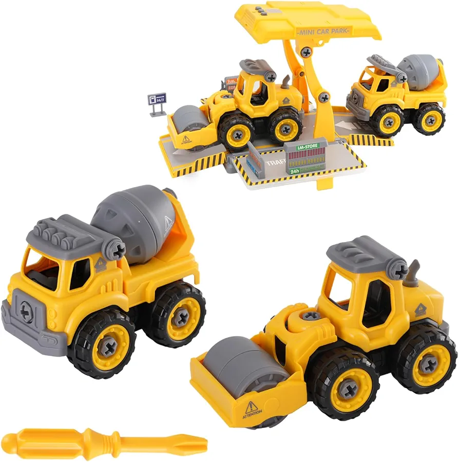 Take Apart Toys for Kids Boys & Girls 3 4 5 6 7 8+ Years Old, 2 Construction Trucks with 1 Mini Car Park, Road Roller & Cement Truck, STEM Toy Vehicles Gifts for Toddlers Ages 3-5 4-6