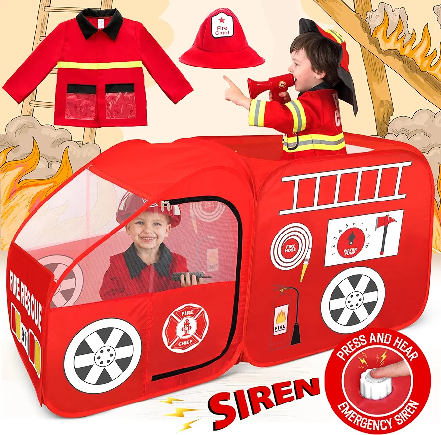 W&O Fire Truck Play Tent with Siren Button, Fire Hat & Jacket for Ultimate Firefighter Fun! - Kids Pop Up Play Tent - Fire Trucks for Toddlers 3-5 Tent for Toddlers 1-3 Tents for Kids - Boy Tent